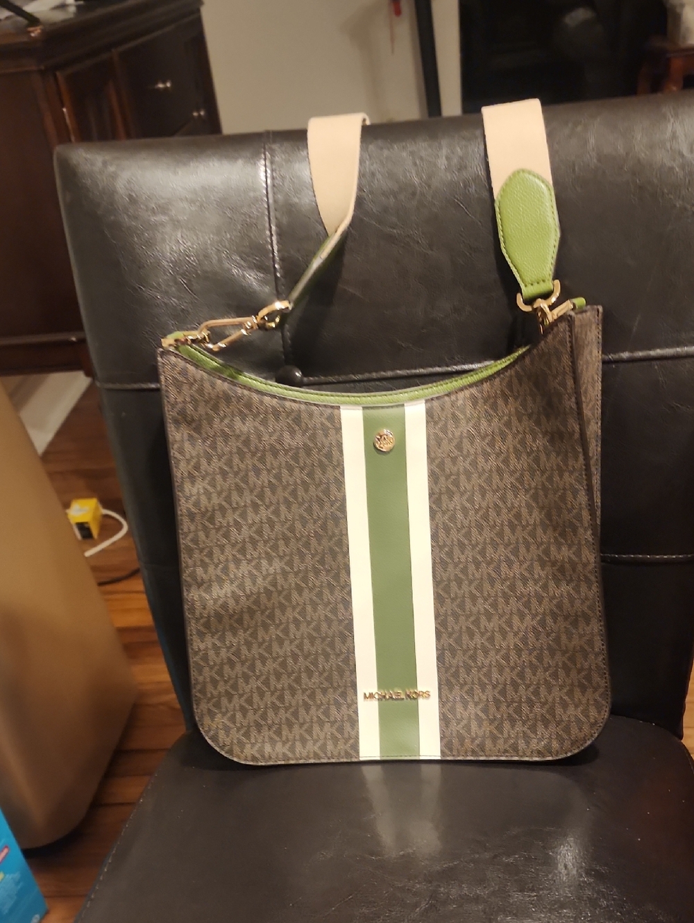 Michael Kors Brown Signature Crossbody with Green & White Stripe